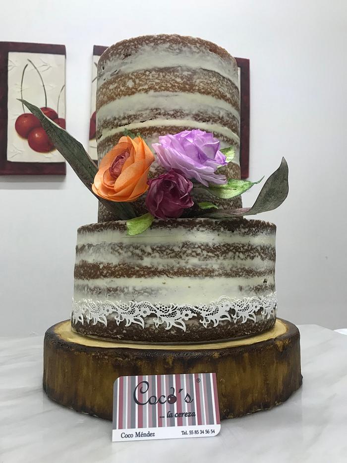 Naked cake with wafer flowers