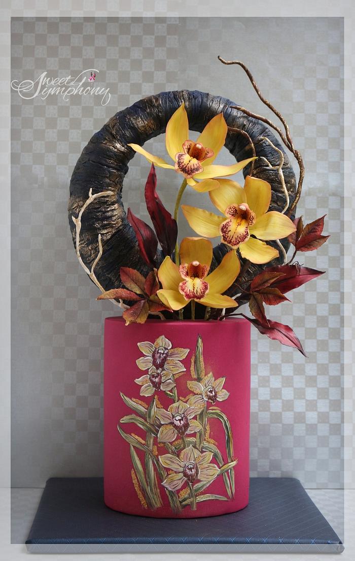 Hand painted Cake with Sugar Cymbidium orchids
