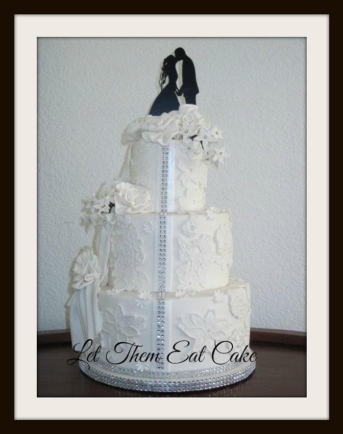 lace applique cake with fabric flowers