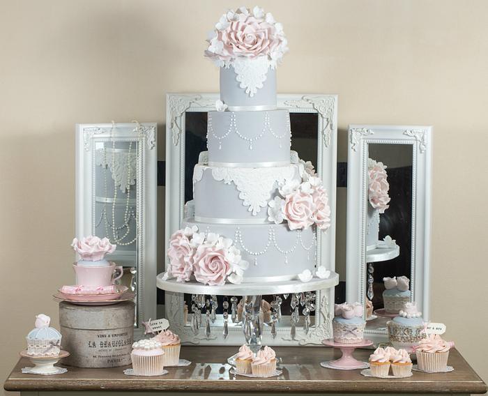 Arabella, dove grey & pink wedding cake