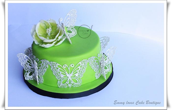 Green and silver butterfly lace cake