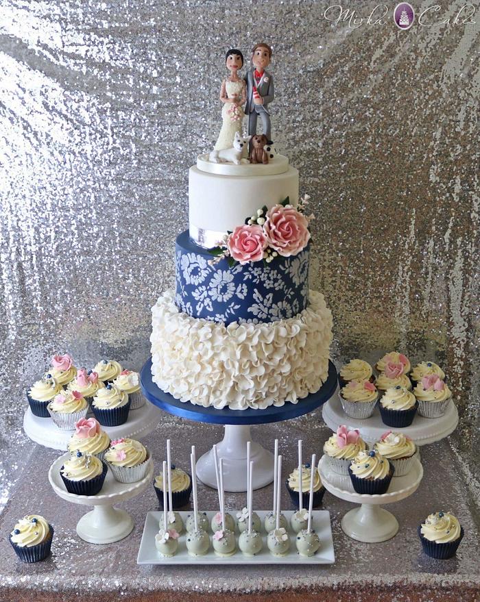 Navy & Ivory ruffle wedding cake/ dessert table