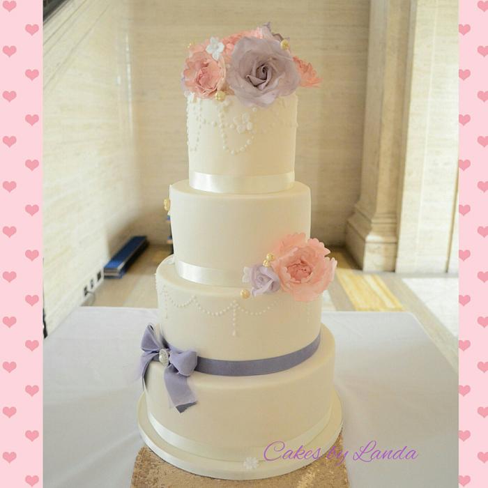 Lilac and pink vintage wedding cake 