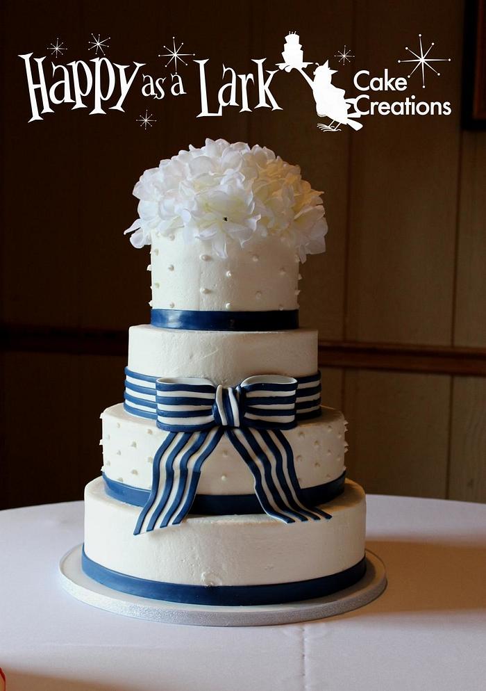 Navy and white striped wedding cake