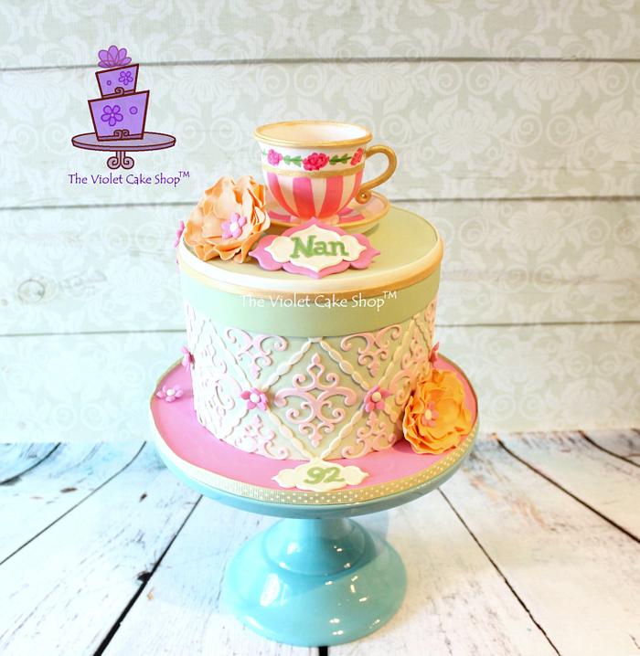 VINTAGE Teacup Cake with Hand Painted Rosettes
