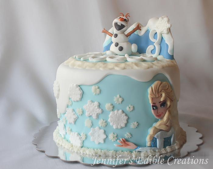 Frozen theme birthday cake featuring Elsa and Olaf