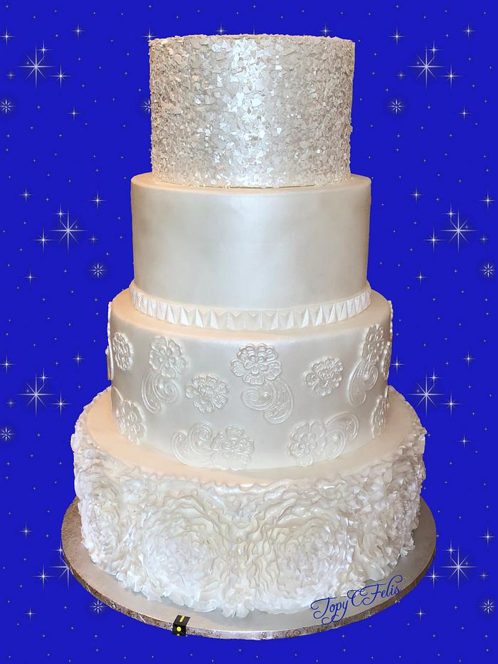 Pearl white wedding cake: ruffles flowers, old lace, simple level and sequin