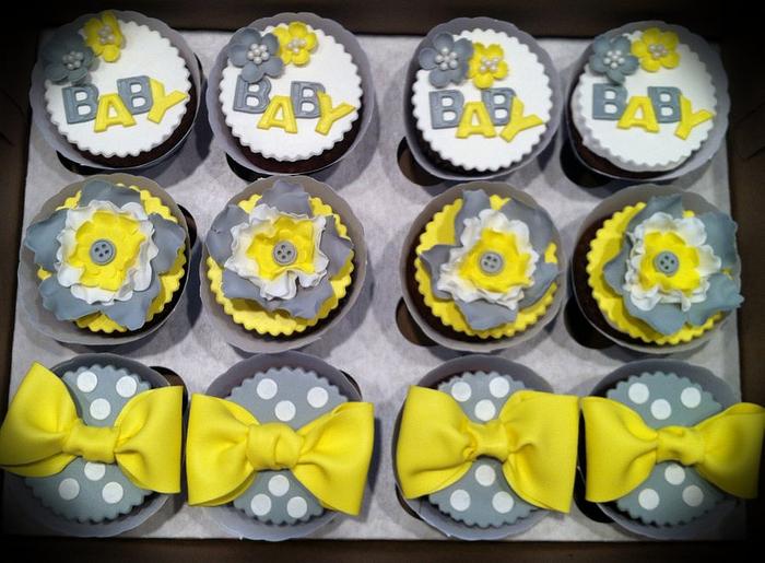Yellow and gray baby shower cupcakes