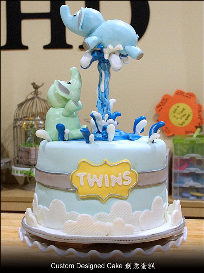 Twin Elephants Baby Shower Cake
