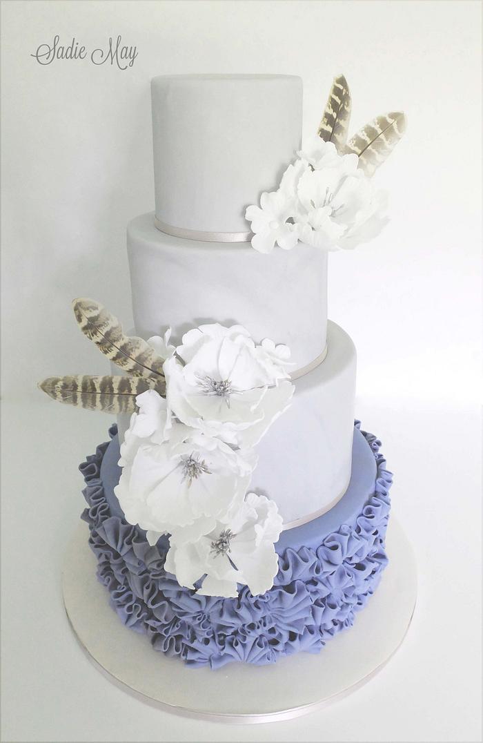 pewter fan ruffles and dove grey wedding cake 