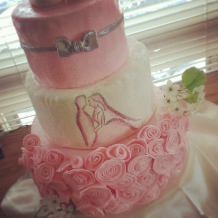 pink and silver wedding cake