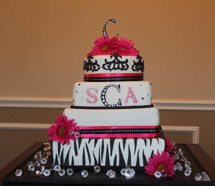 Hot pink and animal print wedding cake