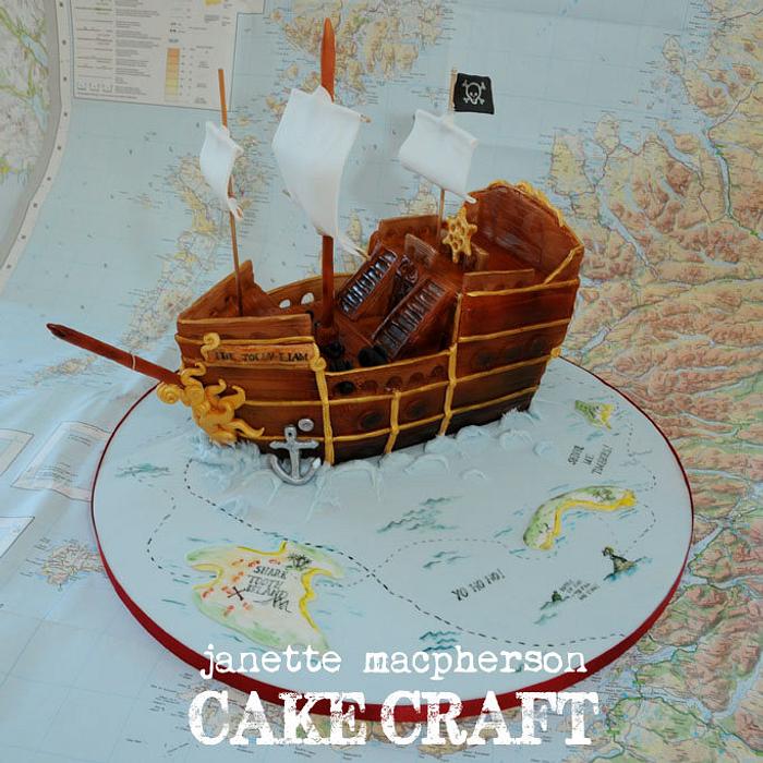 Pirate ship treasure map cake