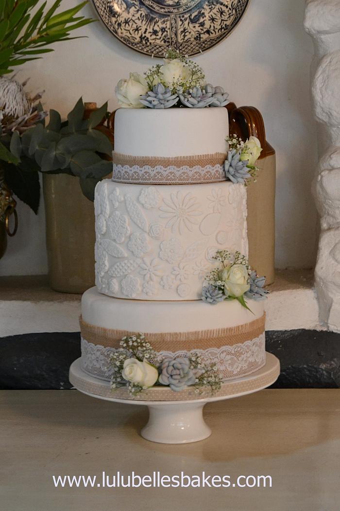 Rustic lace and succulent wedding cake