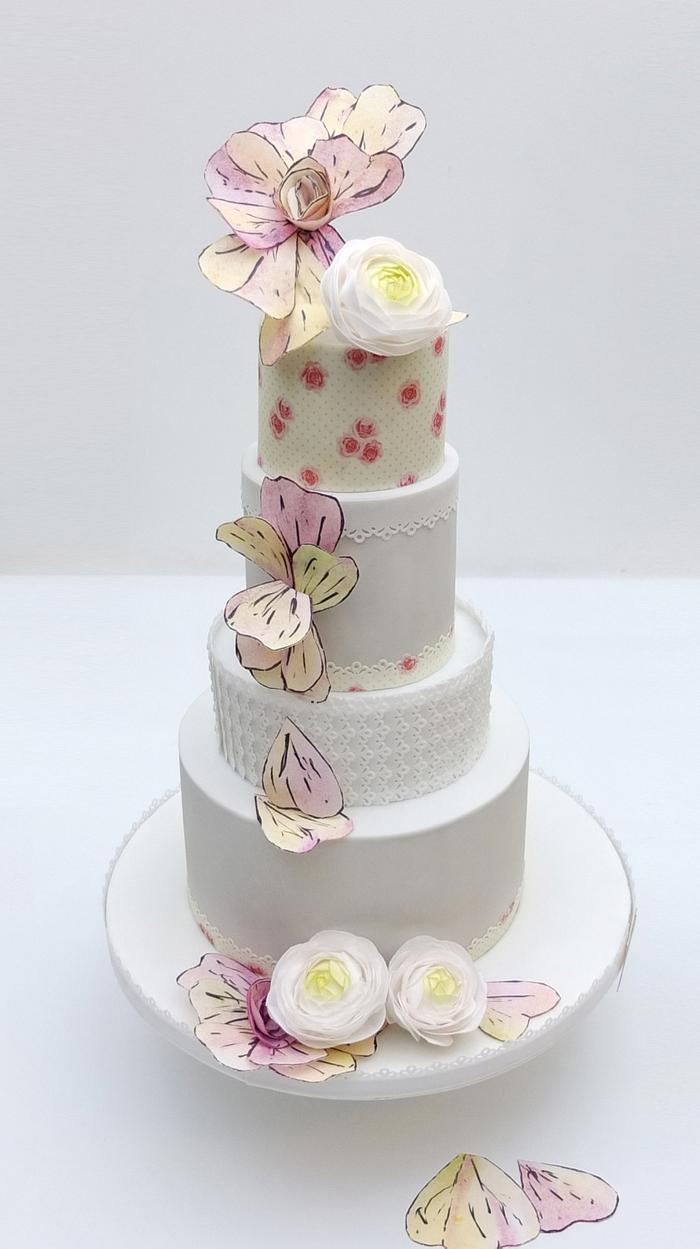 Wedding cake with wafer paper flowers