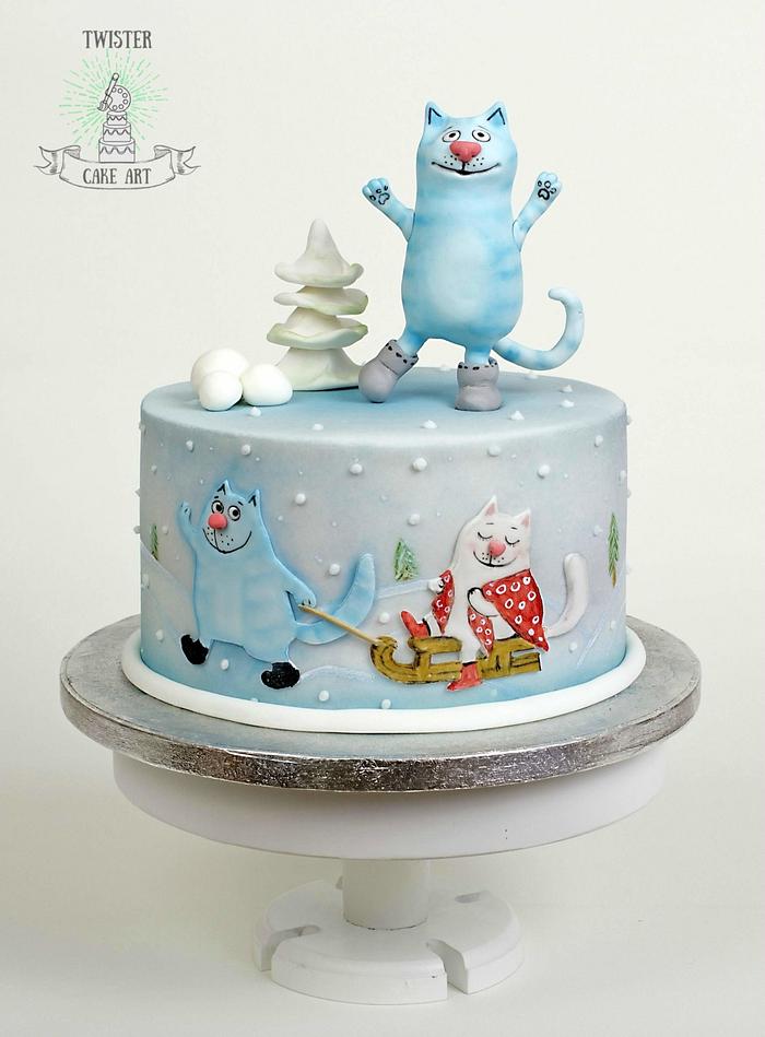 Blue cat and winter themed cake