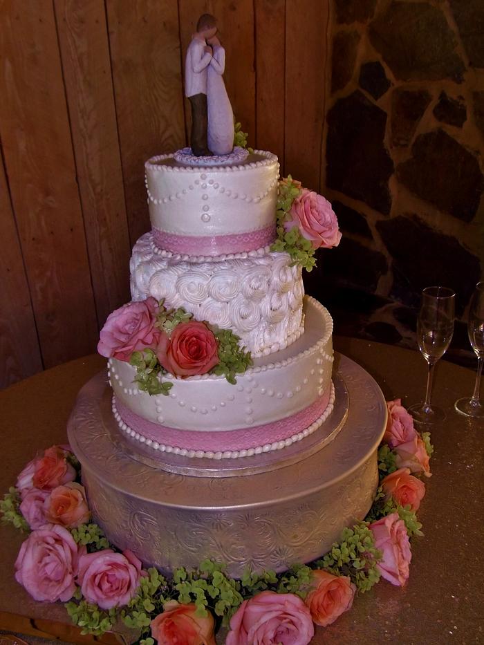 Lace, dots, and rosette BC wedding cake 