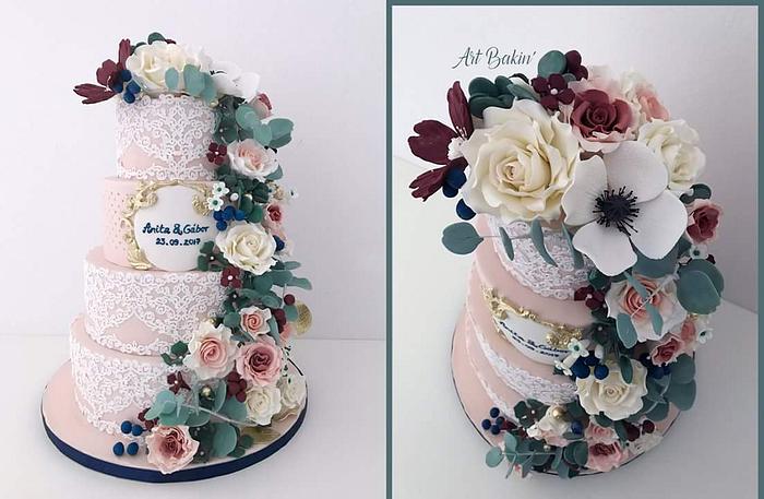 Flower and cake lace wedding cake