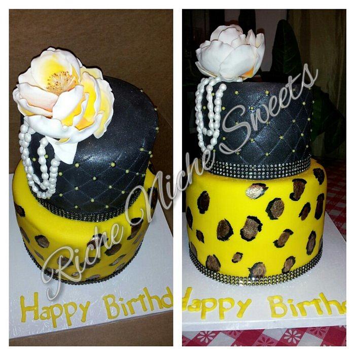 Yellow and black lepoard print bday cake