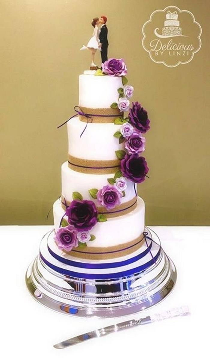 Hessian & Deep violet roses wedding cake