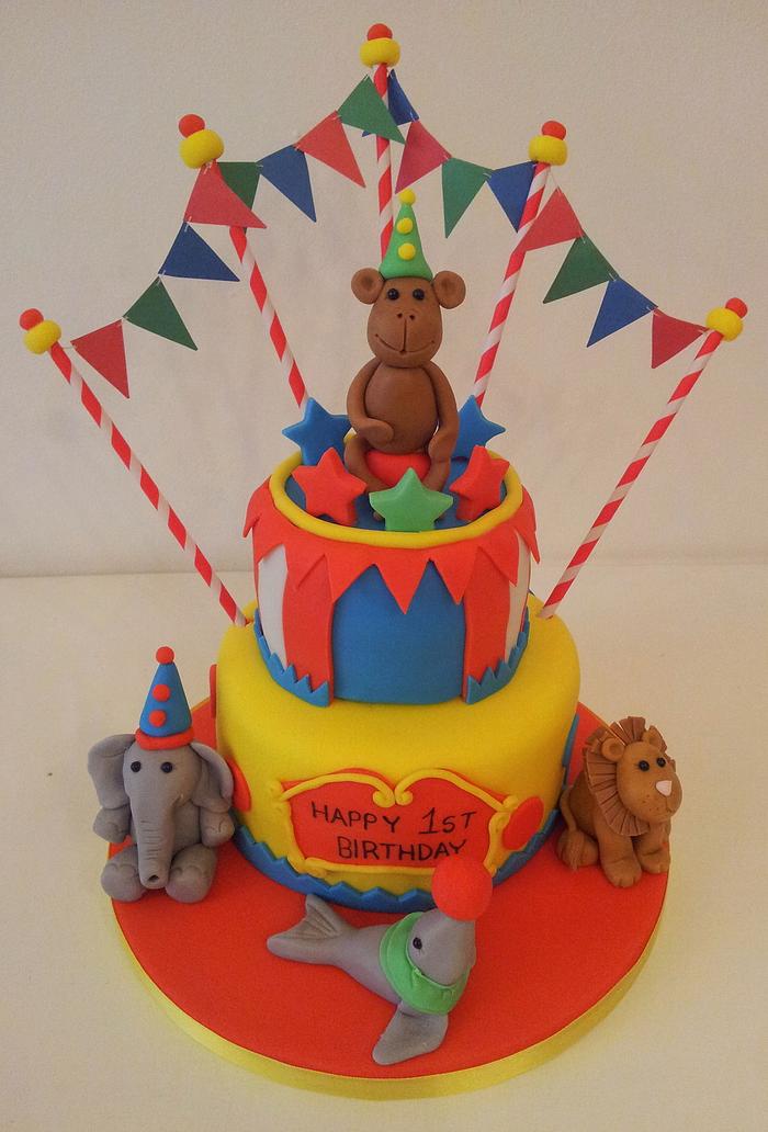 2 tier round cake - circus theme | Carnival cakes, Themed birthday cakes,  Carnival themed cakes