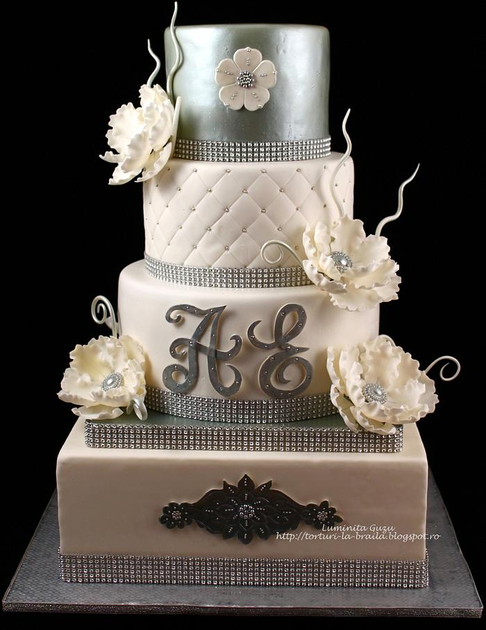 Silver and white wedding cake