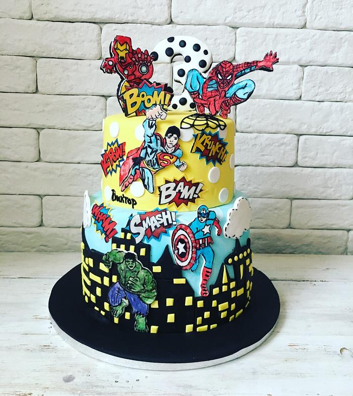 Boy superheroes hand painted cake