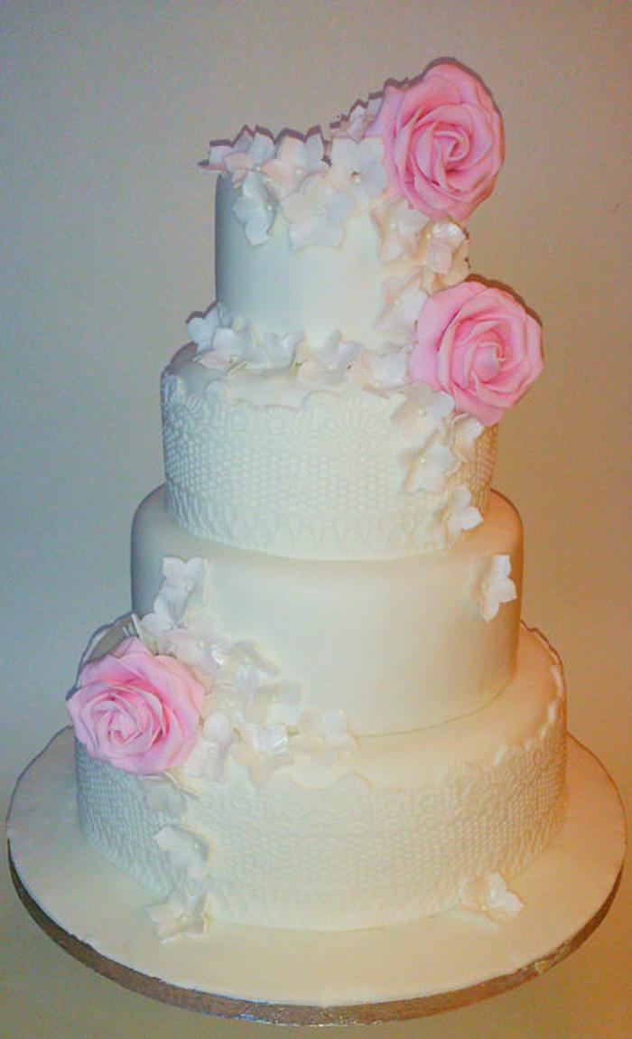 Rose, Petunia and Lace Wedding Cake