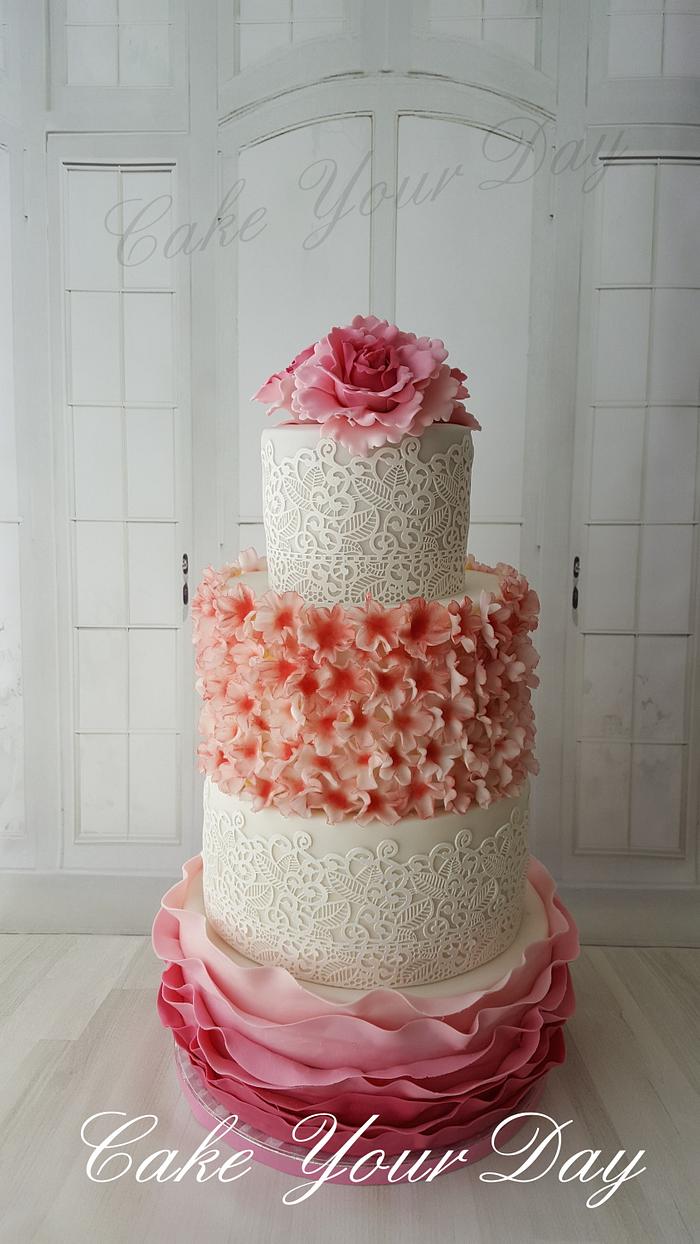 Wedding Cake Pink peony and blossoms 