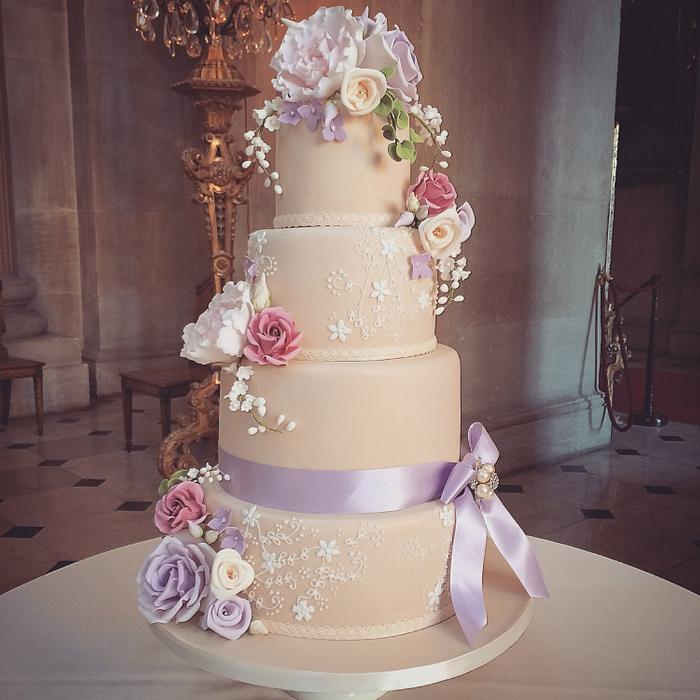 Lavender Rose and Lily of the Valley Wedding Cake