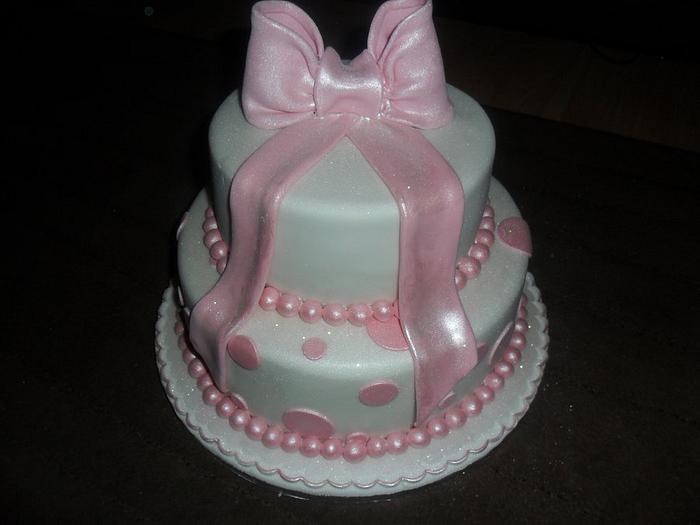 double tier pink spots large bow birthday cake