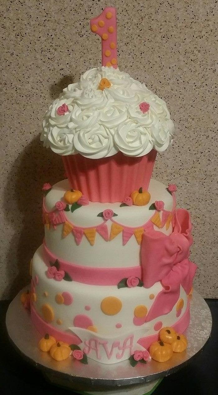 Pink & Pumpkins 1st Birthday Cake 