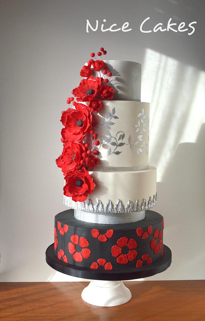 Red and silver wedding cake