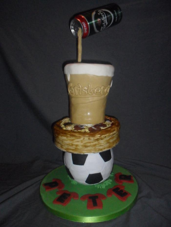 Football, pizza and beer stacked cake
