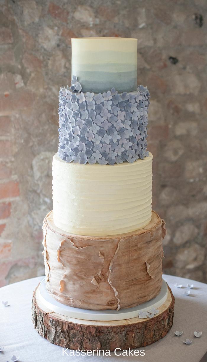 Shades of grey hydrangea and birch log wedding cake - - CakesDecor