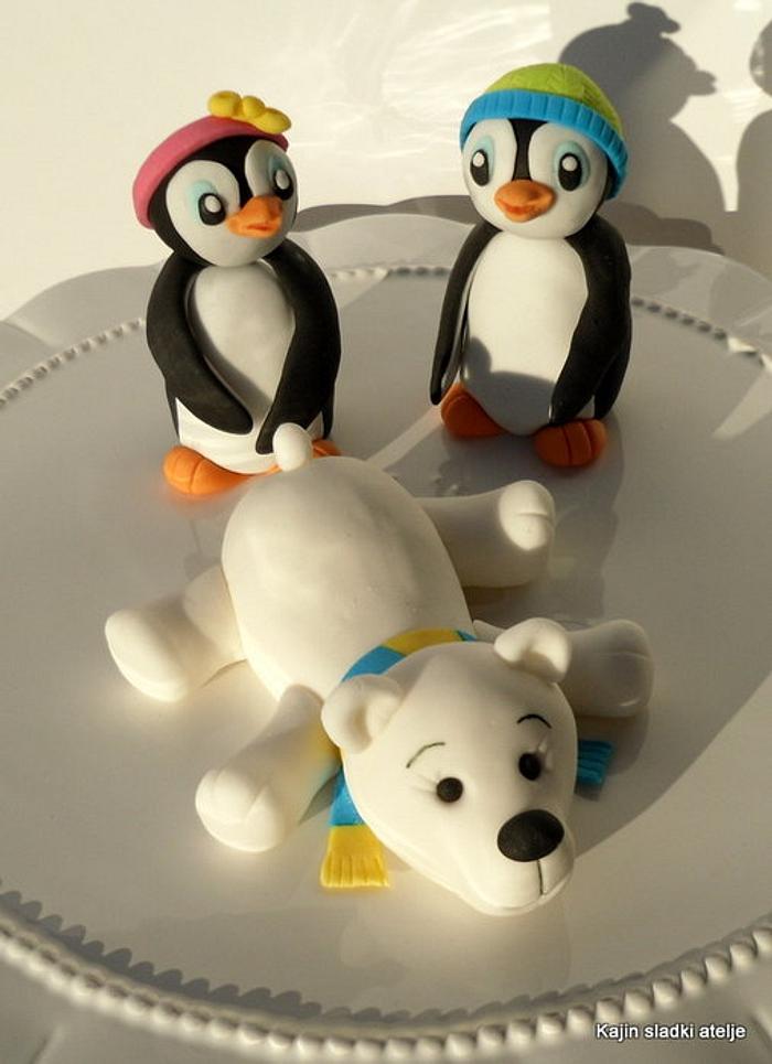 polar bear and penguins cake topper