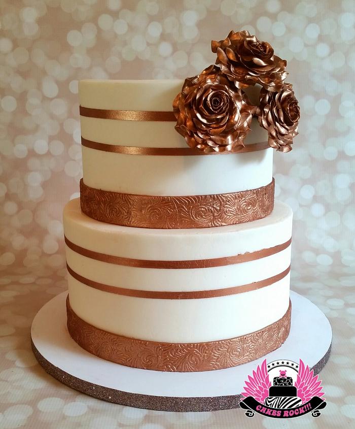 Copper Roses & Stripes Wedding Cake