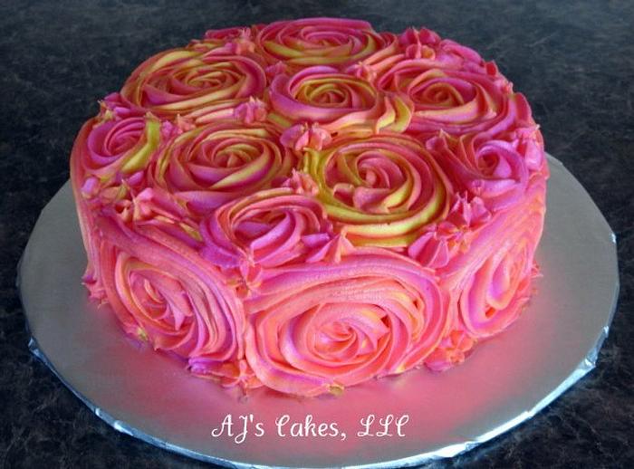 Pink and Yellow Rosette Cake