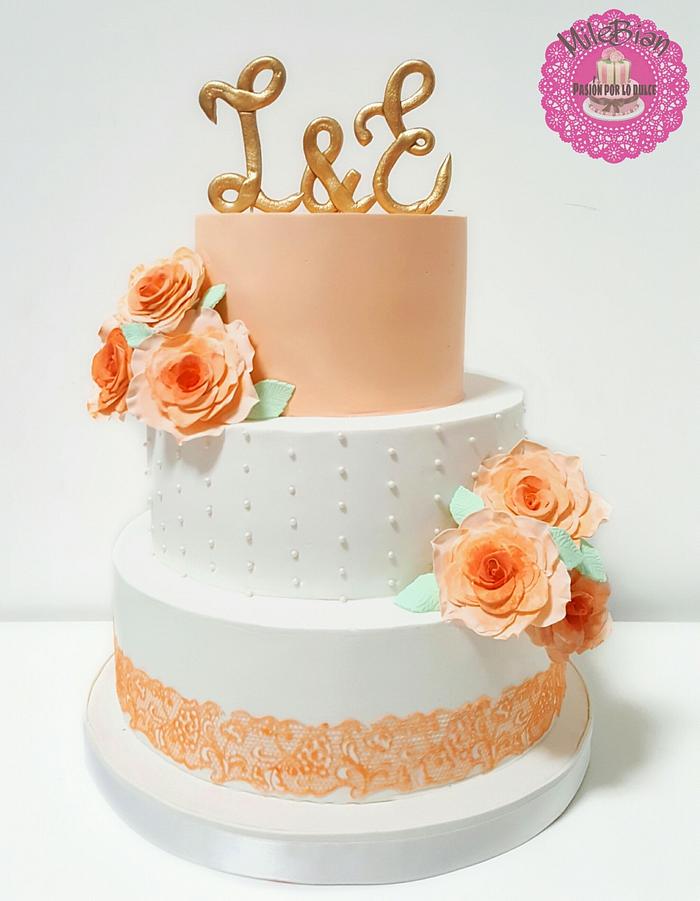Salmon roses wedding cake