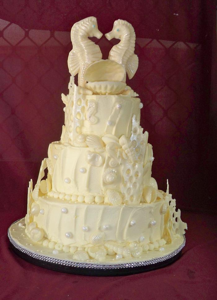 white chocolate beach themed wedding cake