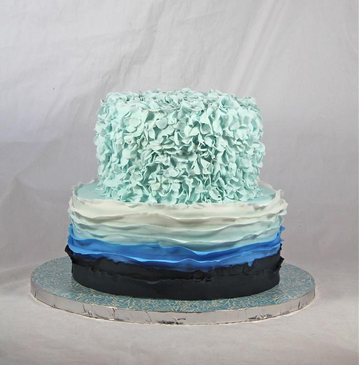 blue ruffle ombre cake