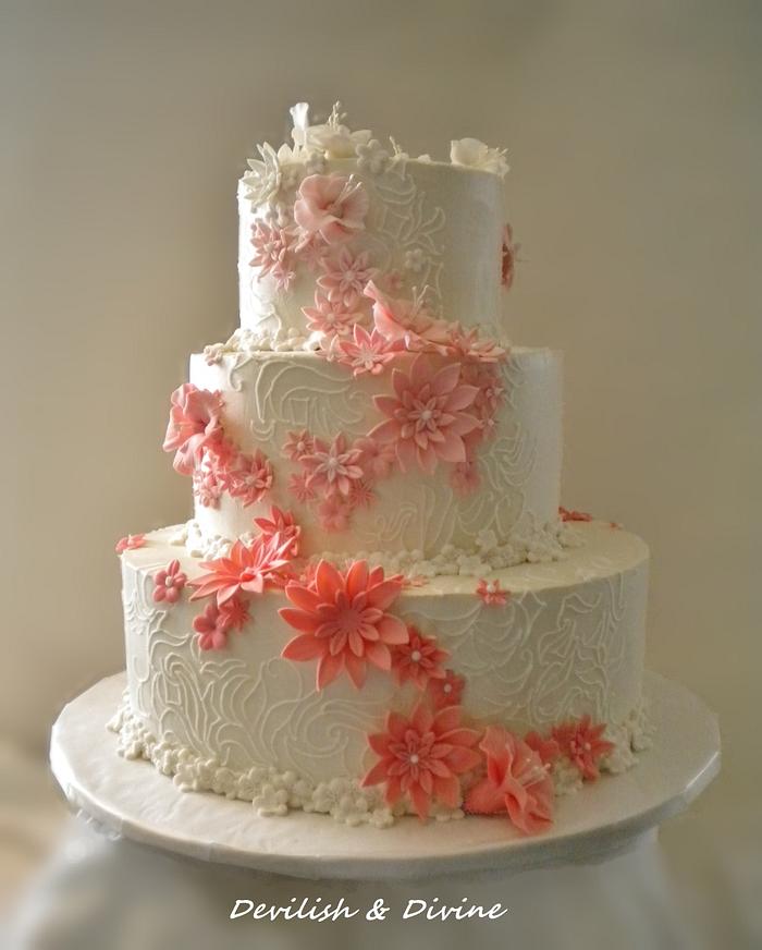 Coral Ombre Floral Wedding Cake