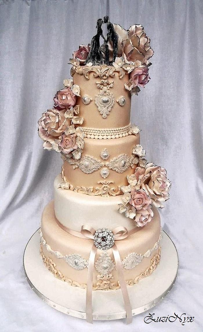 Romantic wedding cake in the chateau style.