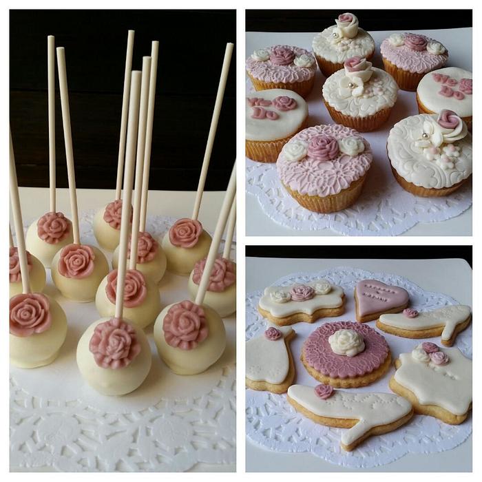 wedding cake pops, cupcakes and cookies