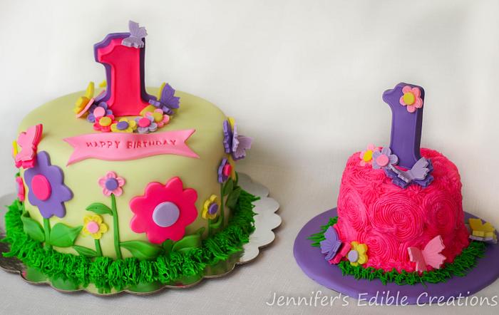 Flowers and Butterflies 1st Birthday Cake with Matching Smash Cake