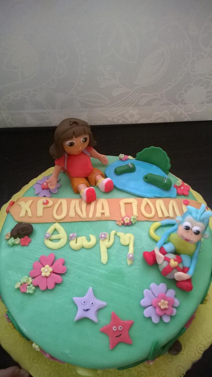 Dora birthday cake and toppers