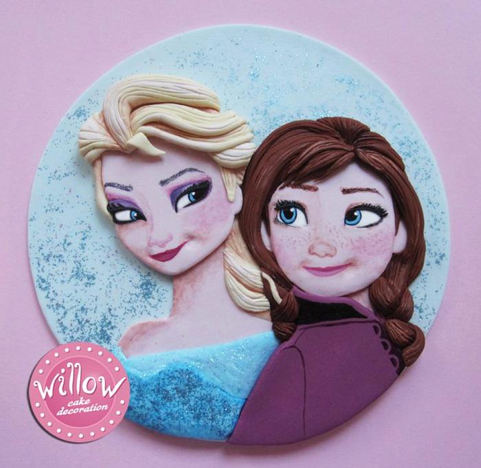 Elsa and Anna, 2D fondant cake decoration