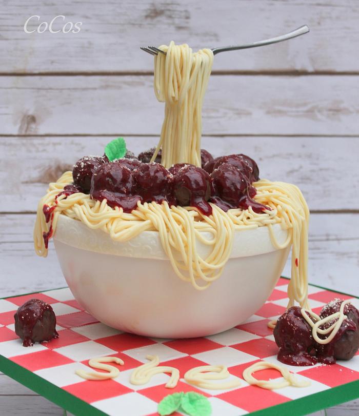 spaghetti and meatballs gravity cake 