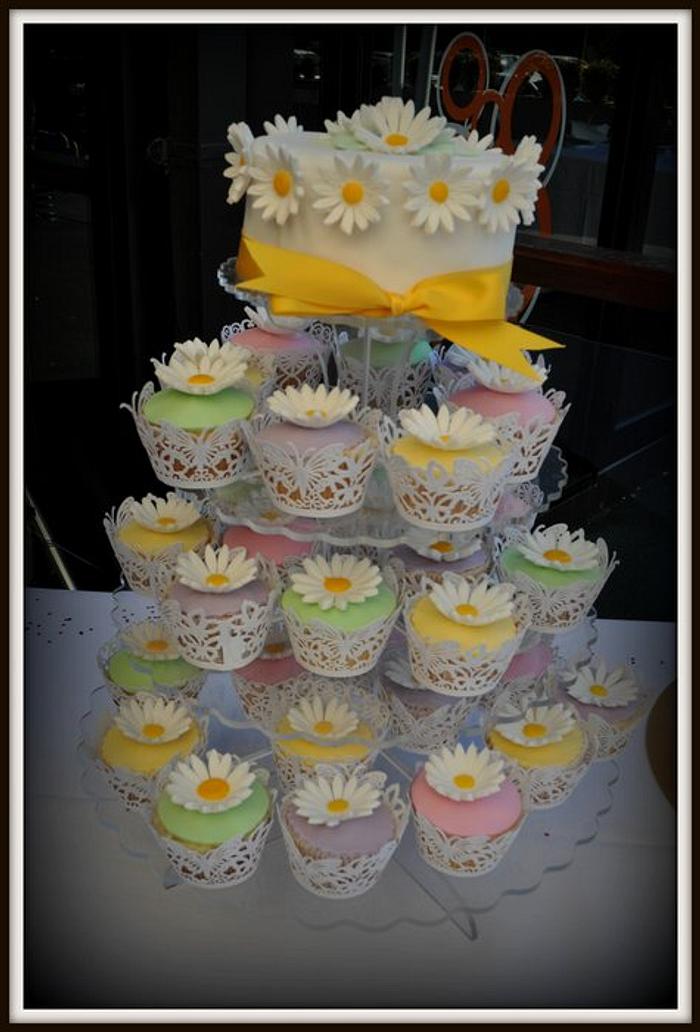 Baptism cake and cupcakes