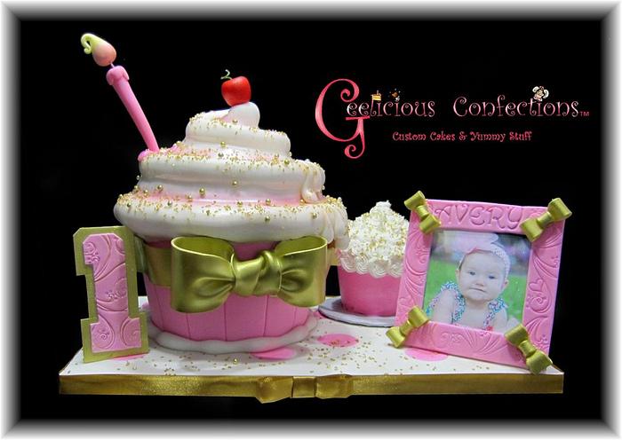 Giant Pink & Gold Whimsical Cupcake Cake for Avery's 1st